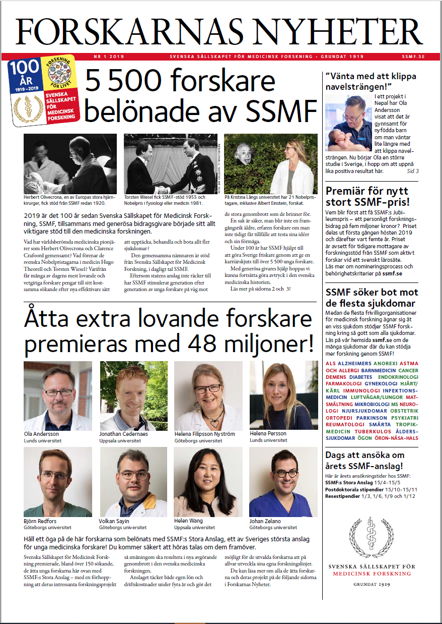Läs om medicinsk forskning i framkant i Forskarnas Nyheter nr 1, 2019, som ges ut av SSMF. Bild: ssmf.se