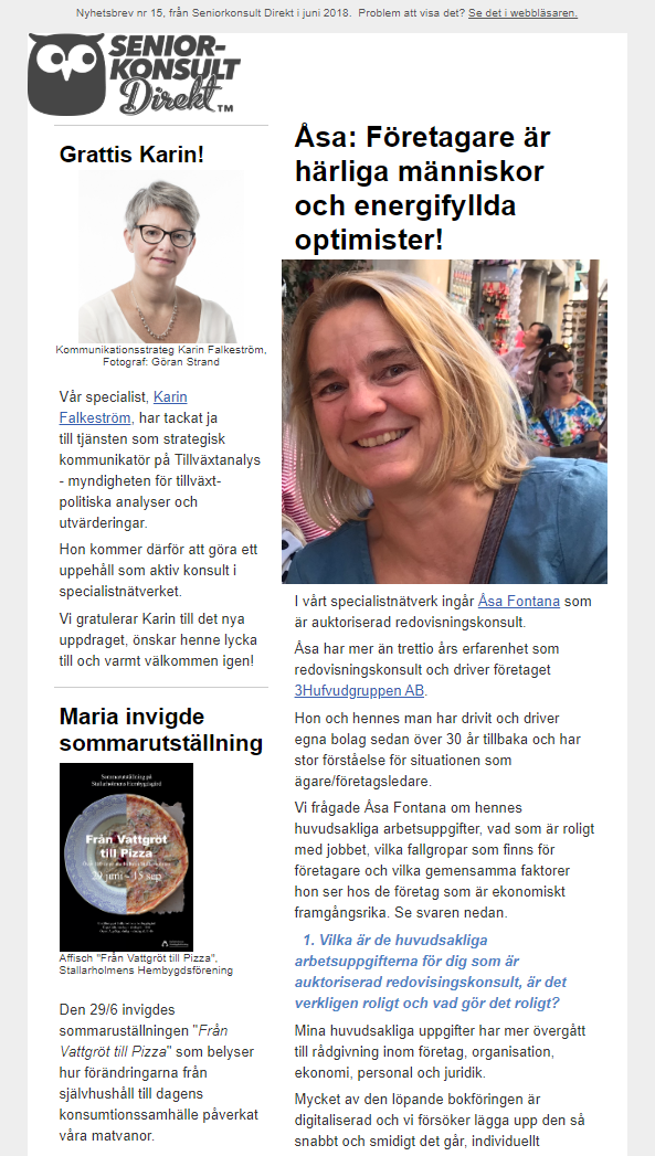Seniorkonsult Direkt Nyhetsbrev nr 15, 2019, där auktoriserad redovisningskonsult Åsa Fontana intervjuas.