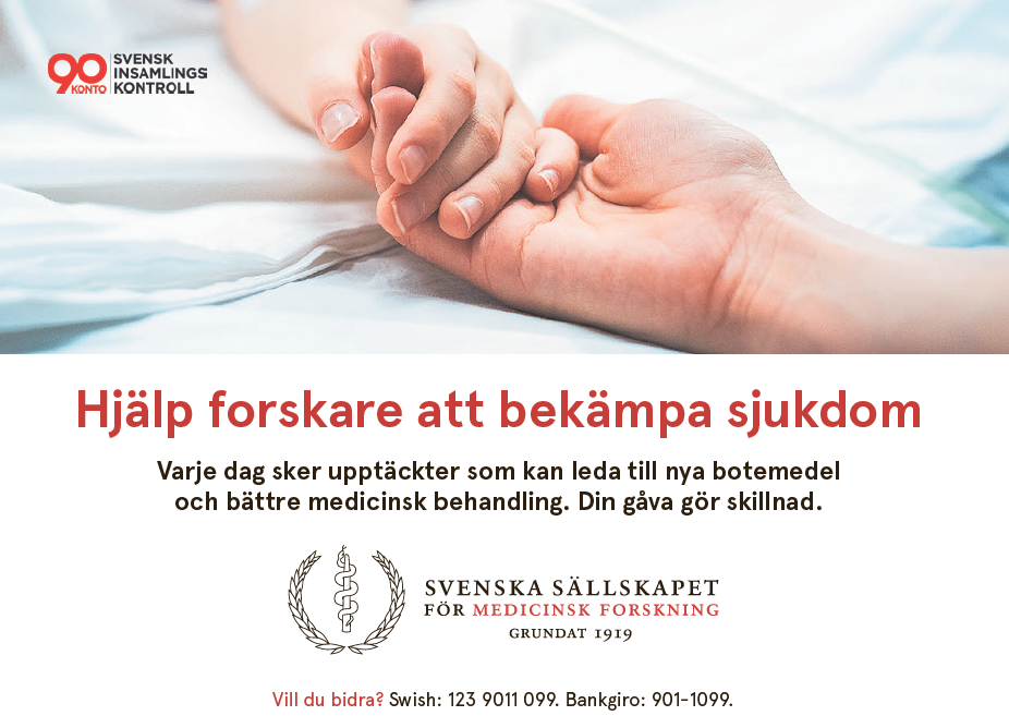 Hjälp medicinska forskare i Sverige att bekämpa sjukdom Bild: Svenska Sällskapet för Medicinsk Forskning, annons i DI 